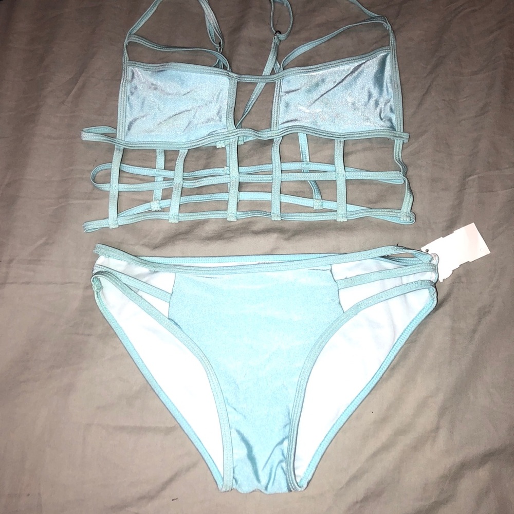 Blue strappy two piece bikini swimsuit